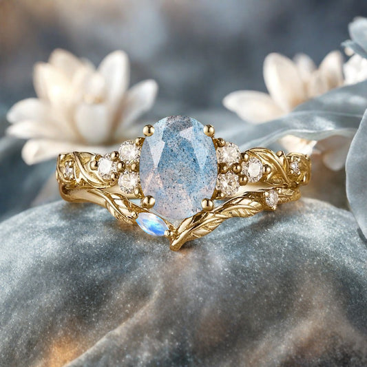 Bague de fiançailles vintage en forme de poire avec aigue-marine, ensemble de bagues de mariage uniques, cadeau d'anniversaire