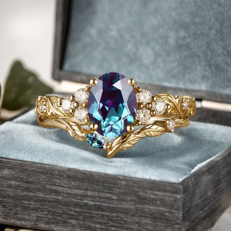 Vintage Oval Shape Alexandrite Engagement Ring Set Unique Alexandrite Gemstone Promise Bridal Ring Set Anniversary Gift