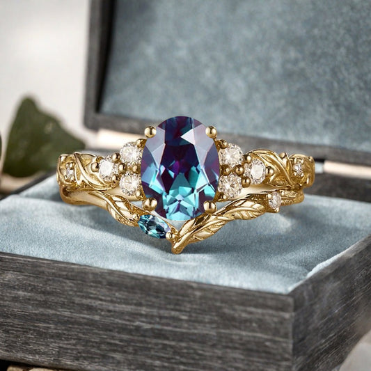 Vintage Oval Shape Alexandrite Engagement Ring Set Unique Alexandrite Gemstone Promise Bridal Ring Set Anniversary Gift