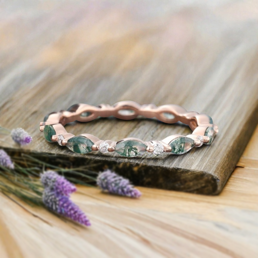 Unique Marquise Moss Agate wedding band Rose gold moissanite wedding band women full eternity matching stacking ring Anniversary gift for her
