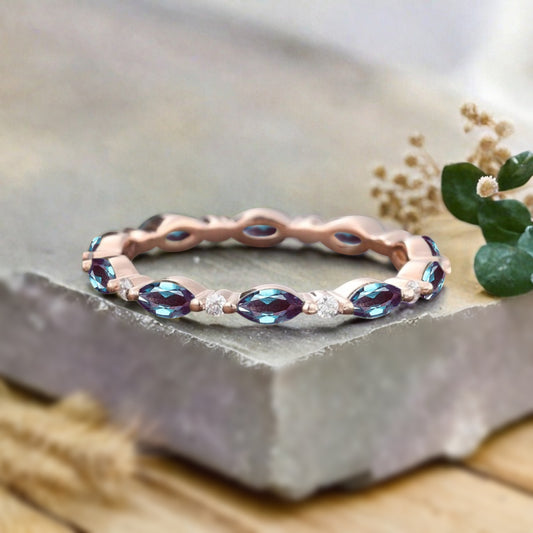 Unique Marquise Alexandrite wedding band Rose gold moissanite wedding band women full eternity matching stacking ring Anniversary gift for her