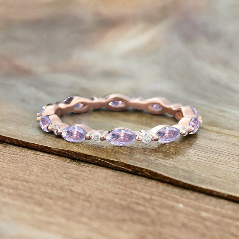 Unique Marquise Amethyst wedding band Rose gold moissanite wedding band women full eternity matching stacking ring Anniversary gift for her