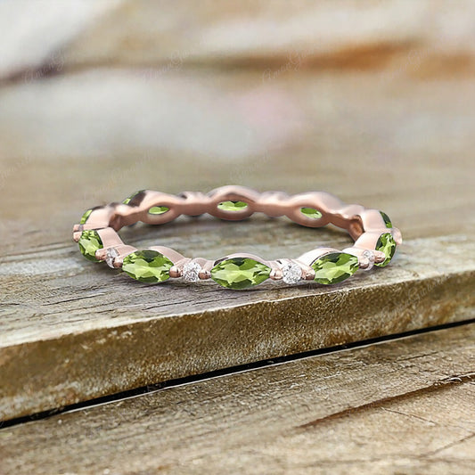 Unique Marquise Peridot wedding band Rose gold moissanite wedding band women full eternity matching stacking ring Anniversary gift for her