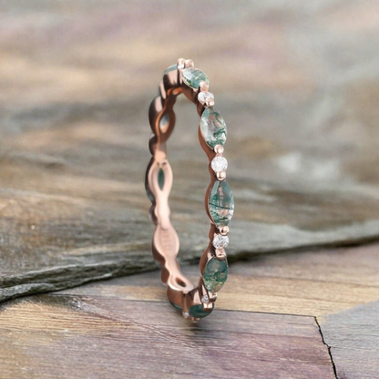 Unique Marquise Moss Agate wedding band Rose gold moissanite wedding band women full eternity matching stacking ring Anniversary gift for her