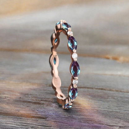 Unique Marquise Alexandrite wedding band Rose gold moissanite wedding band women full eternity matching stacking ring Anniversary gift for her