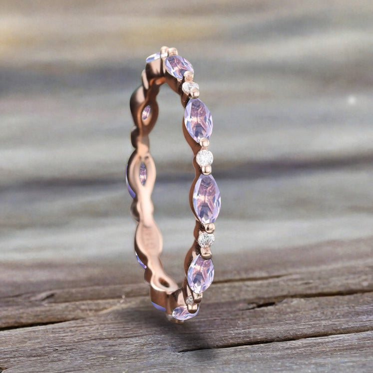 Unique Marquise Amethyst wedding band Rose gold moissanite wedding band women full eternity matching stacking ring Anniversary gift for her