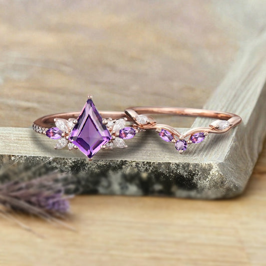 Vintage Kite Shape Amethyst Engagement Ring Set Unique Amethyst Gemstone Promise Bridal Ring Set Anniversary Gift