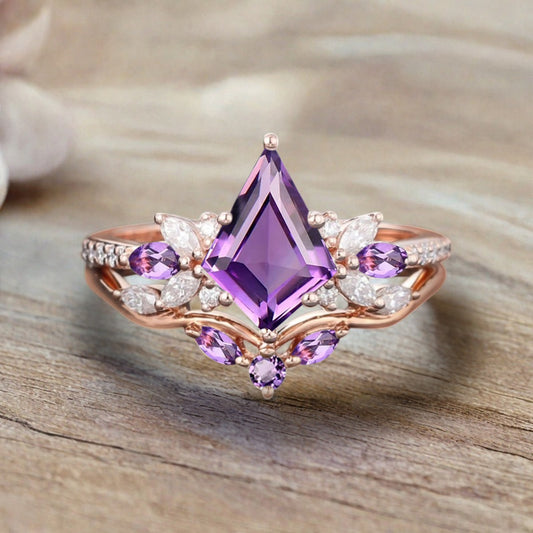 Vintage Kite Shape Amethyst Engagement Ring Set Unique Amethyst Gemstone Promise Bridal Ring Set Anniversary Gift