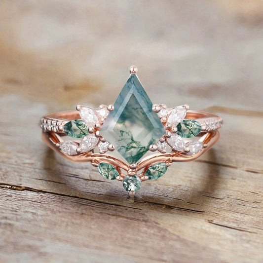 Vintage Kite Shape Moss Agate Engagement Ring Set Unique Moissanite Gemstone Promise Bridal Ring Set Anniversary Gift