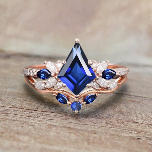 Vintage Kite Shape Blue Topaz Engagement Ring Set Unique Blue Topaz Gemstone Promise Bridal Ring Set Anniversary Gift