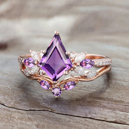 Vintage Kite Shape Amethyst Engagement Ring Set Unique Amethyst Gemstone Promise Bridal Ring Set Anniversary Gift