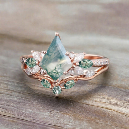 Vintage Kite Shape Moss Agate Engagement Ring Set Unique Moissanite Gemstone Promise Bridal Ring Set Anniversary Gift