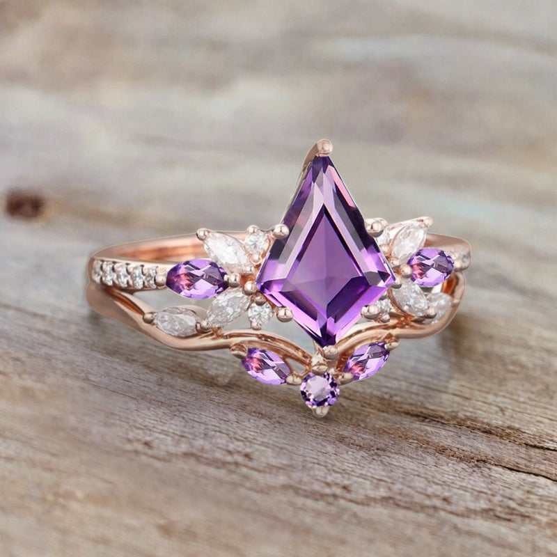 Vintage Kite Shape Amethyst Engagement Ring Set Unique Amethyst Gemstone Promise Bridal Ring Set Anniversary Gift