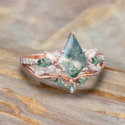 Vintage Kite Shape Moss Agate Engagement Ring Set Unique Moissanite Gemstone Promise Bridal Ring Set Anniversary Gift
