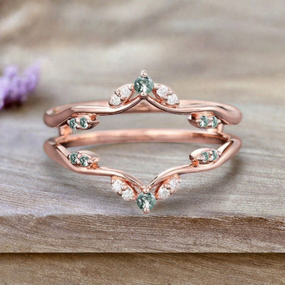 Moss Agate Ring Enhancer Rose Gold Moissanite Curved Wedding Ring Double Curved Moissanite Wedding Band Anniversary Gift For Her