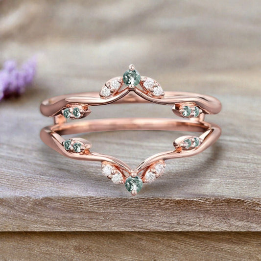 Moss Agate Ring Enhancer Rose Gold Moissanite Curved Wedding Ring Double Curved Moissanite Wedding Band Anniversary Gift For Her