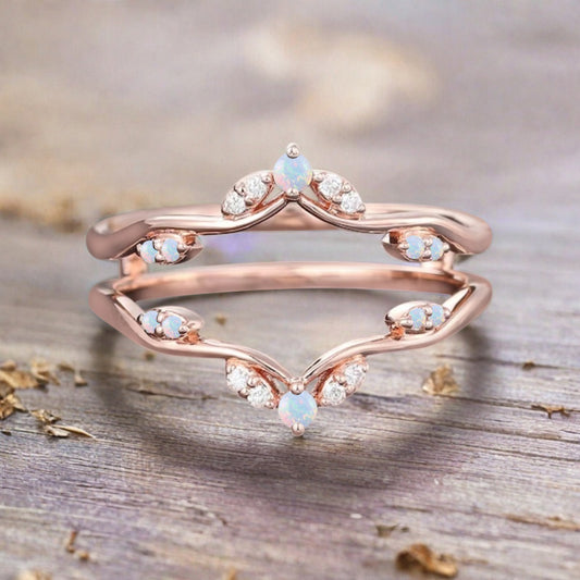 Opal Ring Enhancer Rose Gold Opal Curved Wedding Ring Double Curved Moissanite Wedding Band Anniversary Gift For Her