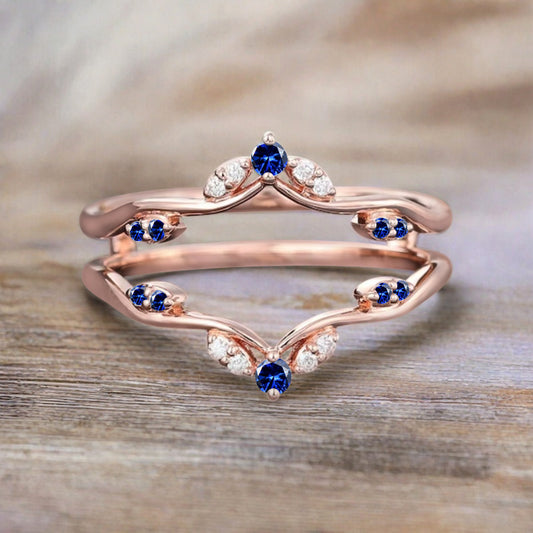 Blue Topaz Ring Enhancer Rose Gold Blue Topaz Curved Wedding Ring Double Curved Moissanite Wedding Band Anniversary Gift For Her