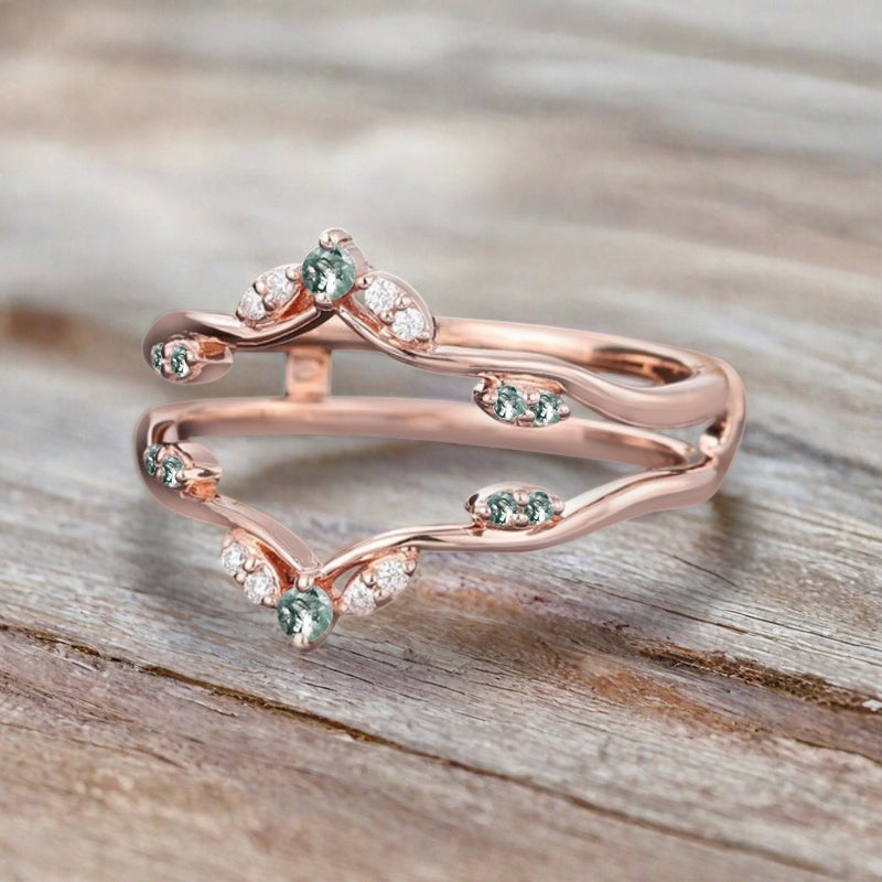 Moss Agate Ring Enhancer Rose Gold Moissanite Curved Wedding Ring Double Curved Moissanite Wedding Band Anniversary Gift For Her