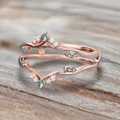 Moss Agate Ring Enhancer Rose Gold Moissanite Curved Wedding Ring Double Curved Moissanite Wedding Band Anniversary Gift For Her