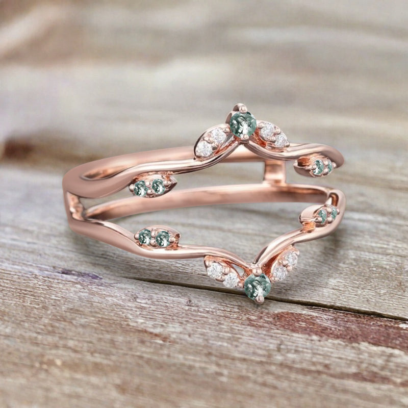 Moss Agate Ring Enhancer Rose Gold Moissanite Curved Wedding Ring Double Curved Moissanite Wedding Band Anniversary Gift For Her