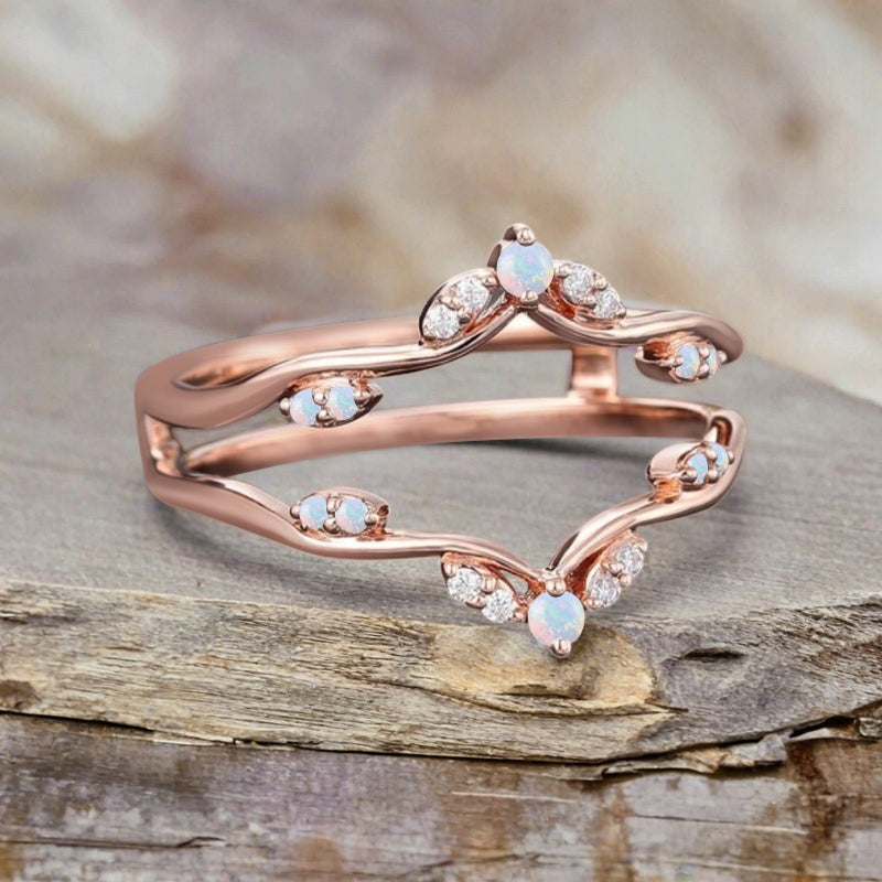 Opal Ring Enhancer Rose Gold Opal Curved Wedding Ring Double Curved Moissanite Wedding Band Anniversary Gift For Her