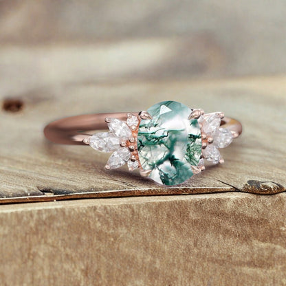 Unique Vintage Oval Cut Moss Agate Ring Solid 18k Rose Gold Ring Handmade Moissanite Engagement Ring Promise Bridal Ring Anniversary Gift