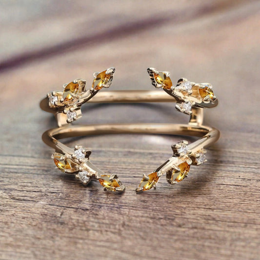 Marquise cut Citrine wedding band Unique Rose gold enhancer band vintage citrine double band Open wedding band leaf ring Anniversary