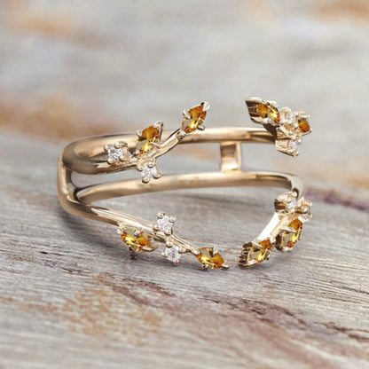 Marquise cut Citrine wedding band Unique Rose gold enhancer band vintage citrine double band Open wedding band leaf ring Anniversary