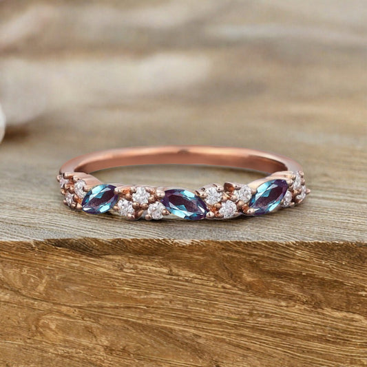 Marquise cut Alexandrite wedding band Vintage Rose gold wedding band Half eternity Moissanite Wedding band Bridal Matching Stackable band