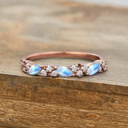 Marquise cut Moonstone wedding band Vintage Rose gold wedding band Half eternity Moonstone Wedding band Bridal Matching Stackable band