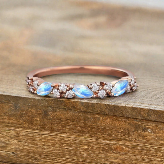 Marquise cut Moonstone wedding band Vintage Rose gold wedding band Half eternity Moonstone Wedding band Bridal Matching Stackable band