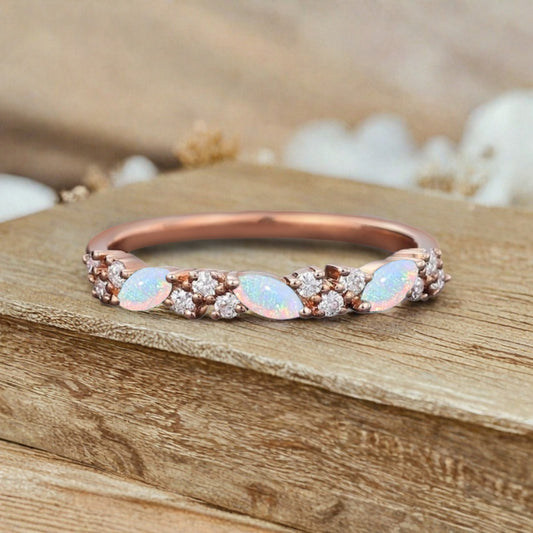 Marquise cut Opal wedding band Vintage Rose gold wedding band Half eternity Opal Wedding band Bridal Matching Stackable band