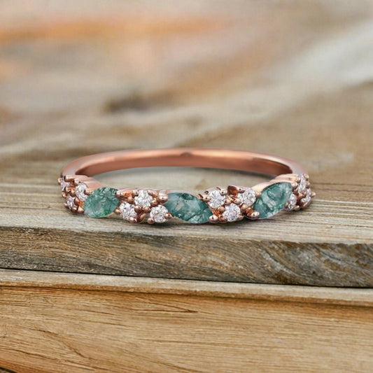Marquise cut Moss Agate wedding band Vintage Rose gold wedding band Half eternity Moissanite Wedding band Bridal Matching Stackable band