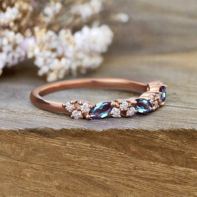 Marquise cut Alexandrite wedding band Vintage Rose gold wedding band Half eternity Moissanite Wedding band Bridal Matching Stackable band