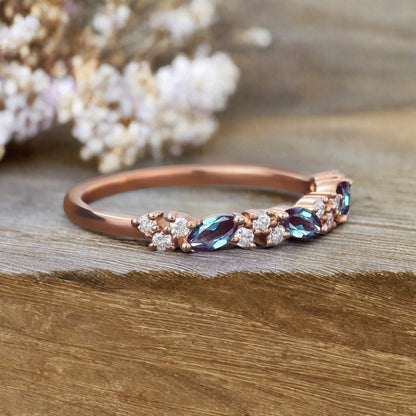 Marquise cut Alexandrite wedding band Vintage Rose gold wedding band Half eternity Moissanite Wedding band Bridal Matching Stackable band