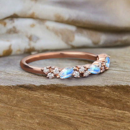 Marquise cut Moonstone wedding band Vintage Rose gold wedding band Half eternity Moonstone Wedding band Bridal Matching Stackable band