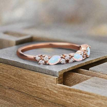Marquise cut Opal wedding band Vintage Rose gold wedding band Half eternity Opal Wedding band Bridal Matching Stackable band