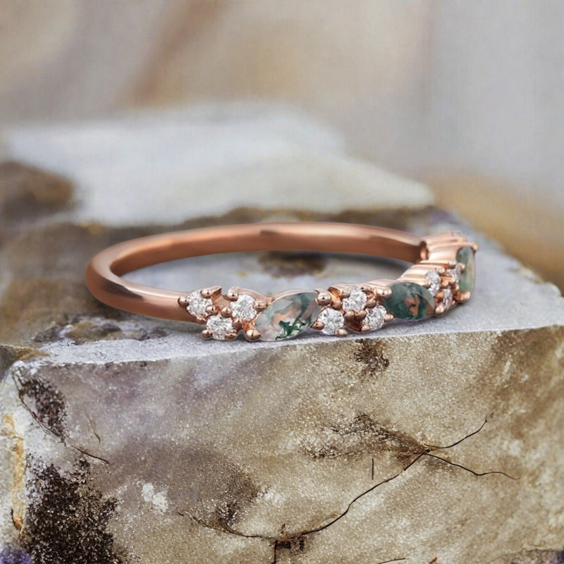 Marquise cut Moss Agate wedding band Vintage Rose gold wedding band Half eternity Moissanite Wedding band Bridal Matching Stackable band