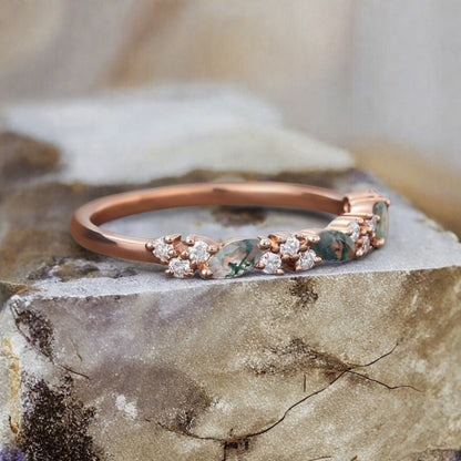 Marquise cut Moss Agate wedding band Vintage Rose gold wedding band Half eternity Moissanite Wedding band Bridal Matching Stackable band