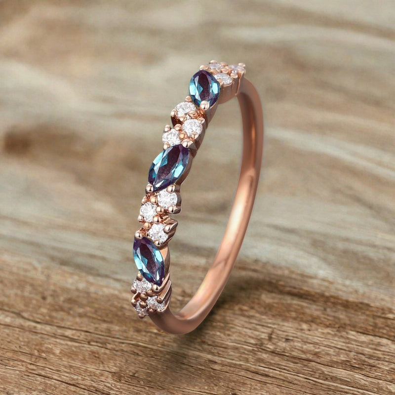 Marquise cut Alexandrite wedding band Vintage Rose gold wedding band Half eternity Moissanite Wedding band Bridal Matching Stackable band