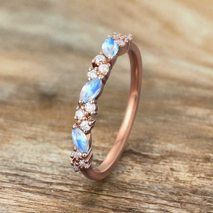 Marquise cut Moonstone wedding band Vintage Rose gold wedding band Half eternity Moonstone Wedding band Bridal Matching Stackable band