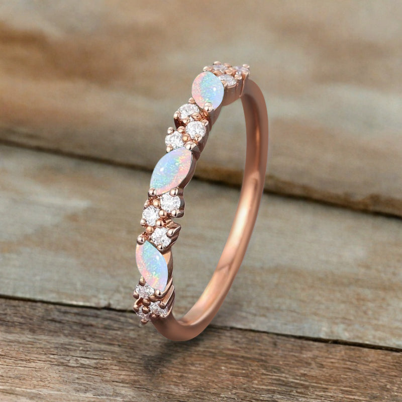 Marquise cut Opal wedding band Vintage Rose gold wedding band Half eternity Opal Wedding band Bridal Matching Stackable band