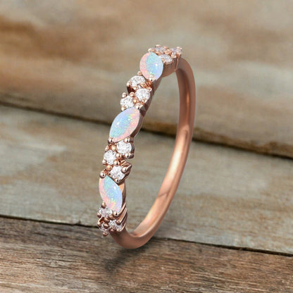 Marquise cut Opal wedding band Vintage Rose gold wedding band Half eternity Opal Wedding band Bridal Matching Stackable band