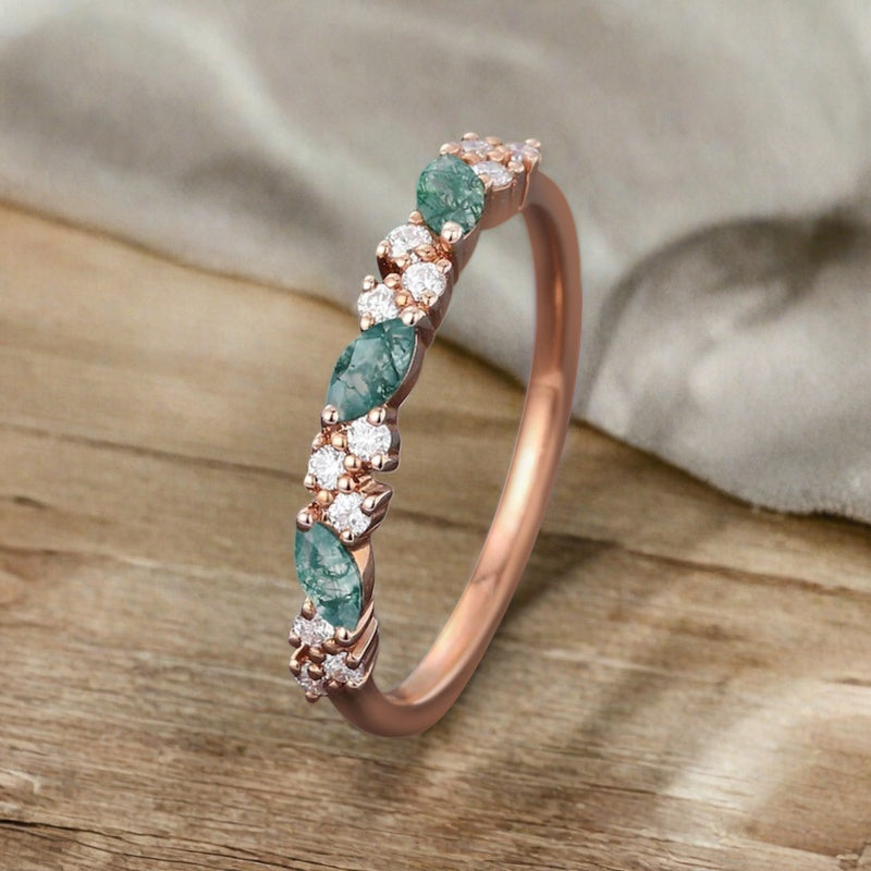 Marquise cut Moss Agate wedding band Vintage Rose gold wedding band Half eternity Moissanite Wedding band Bridal Matching Stackable band