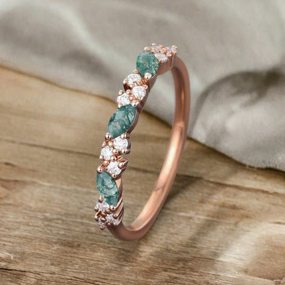 Marquise cut Moss Agate wedding band Vintage Rose gold wedding band Half eternity Moissanite Wedding band Bridal Matching Stackable band