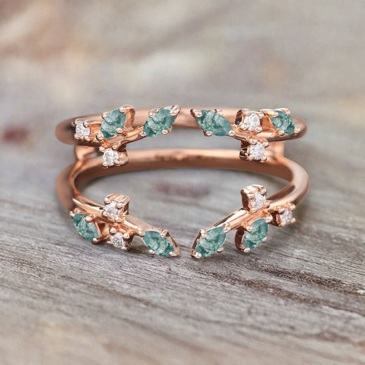 Marquise cut Moss agate wedding band Unique Rose gold enhancer band vintage moissanite double band Open wedding band leaf ring Anniversary