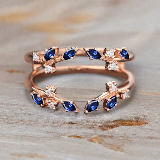Marquise cut Blue Topaz wedding band Unique Rose gold enhancer band vintage Blue Topaz double band Open wedding band leaf ring Anniversary