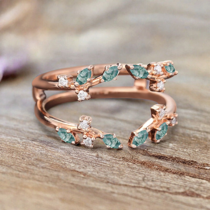 Marquise cut Moss agate wedding band Unique Rose gold enhancer band vintage moissanite double band Open wedding band leaf ring Anniversary