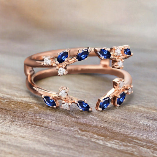 Marquise cut Blue Topaz wedding band Unique Rose gold enhancer band vintage Blue Topaz double band Open wedding band leaf ring Anniversary